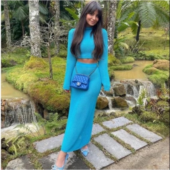 Zara Blue Pointelle Knit Sweater And Skirt Set BLOGGERS favorite! Size M EUC - Picture 13 of 16